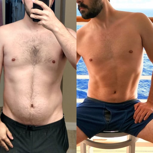 A before and after photo of a 5'9" male showing a weight reduction from 202 pounds to 170 pounds. A total loss of 32 pounds.