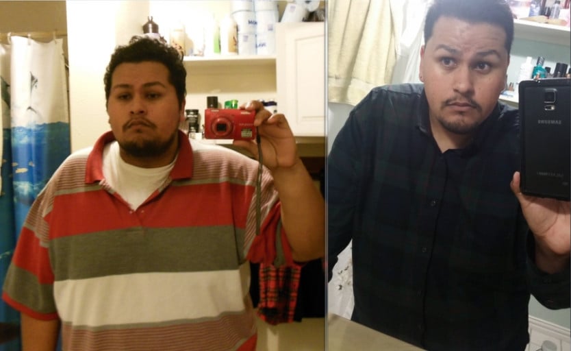 A picture of a 5'9" male showing a fat loss from 315 pounds to 255 pounds. A respectable loss of 60 pounds.
