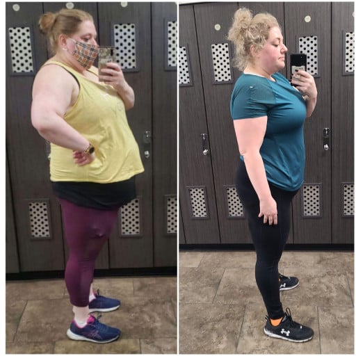 A progress pic of a 5'7" woman showing a fat loss from 325 pounds to 248 pounds. A respectable loss of 77 pounds.