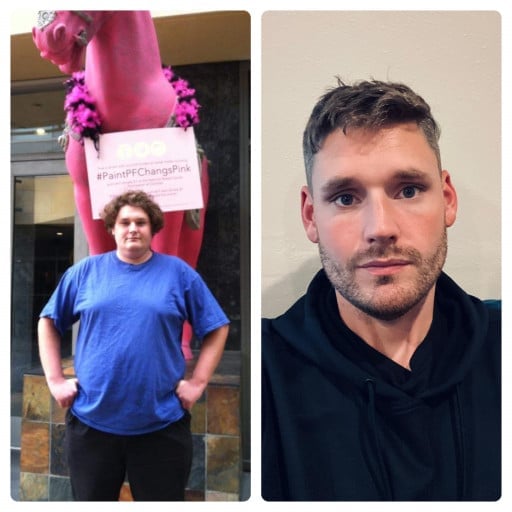 A picture of a 6'5" male showing a weight loss from 340 pounds to 140 pounds. A total loss of 200 pounds.
