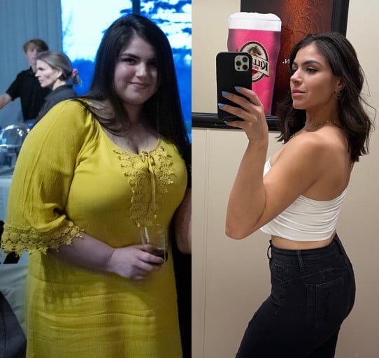 A picture of a 5'5" female showing a weight loss from 230 pounds to 145 pounds. A net loss of 85 pounds.
