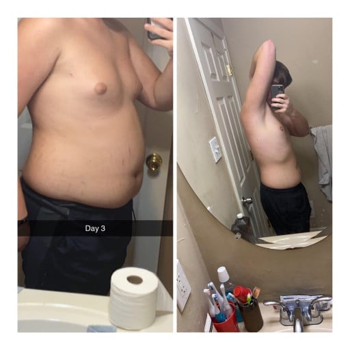 A picture of a 5'11" male showing a weight loss from 240 pounds to 200 pounds. A total loss of 40 pounds.