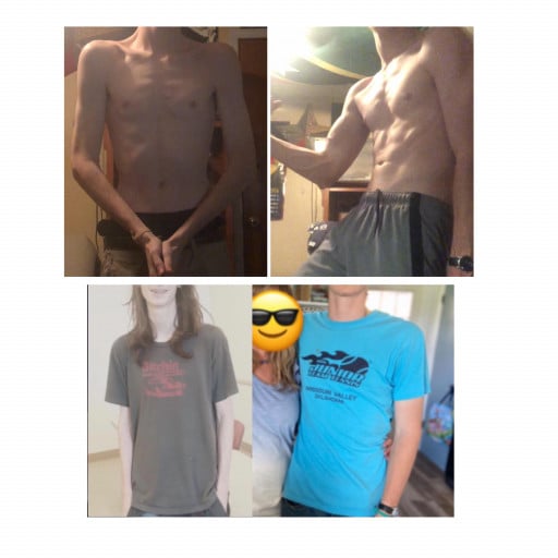 A picture of a 6'4" male showing a weight bulk from 120 pounds to 155 pounds. A respectable gain of 35 pounds.