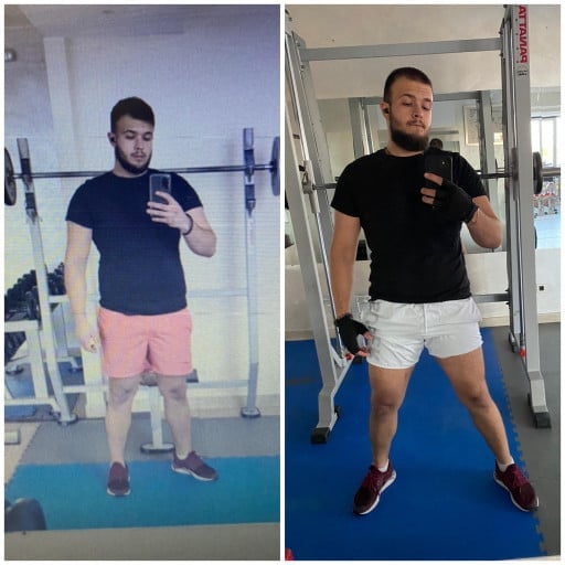 A before and after photo of a 5'11" male showing a weight reduction from 209 pounds to 202 pounds. A total loss of 7 pounds.
