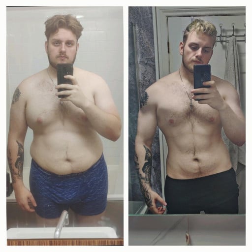 A progress pic of a 6'2" man showing a fat loss from 294 pounds to 224 pounds. A net loss of 70 pounds.