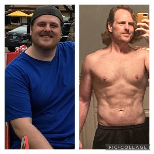 A progress pic of a 6'1" man showing a fat loss from 285 pounds to 195 pounds. A net loss of 90 pounds.