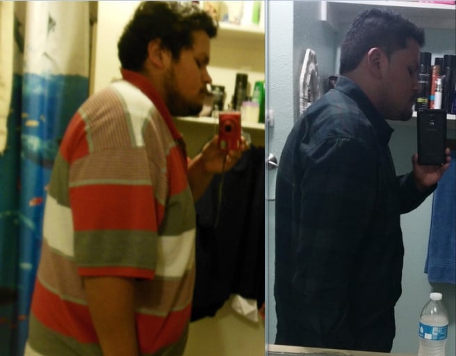 A picture of a 5'9" male showing a fat loss from 315 pounds to 255 pounds. A respectable loss of 60 pounds.