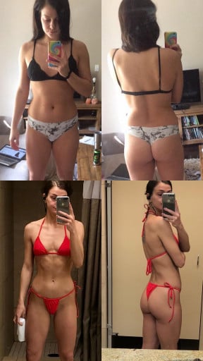 A photo of a 5'7" woman showing a weight cut from 140 pounds to 125 pounds. A total loss of 15 pounds.