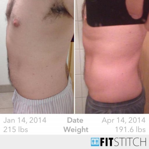 A before and after photo of a 5'11" male showing a weight reduction from 215 pounds to 191 pounds. A net loss of 24 pounds.