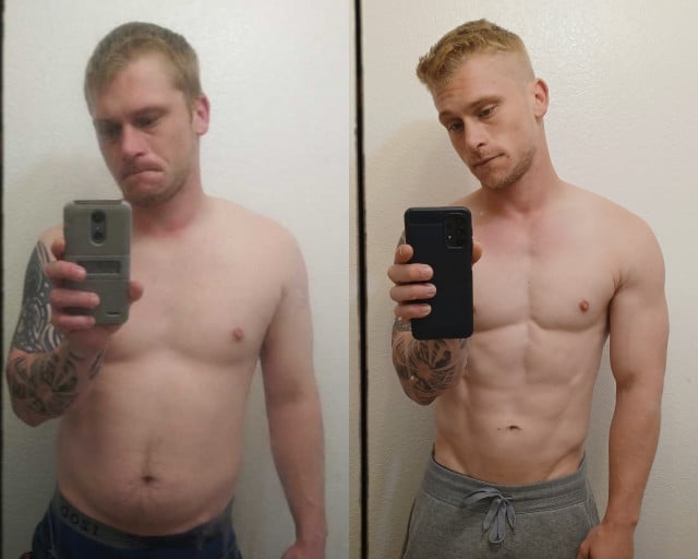 A progress pic of a 5'9" man showing a fat loss from 190 pounds to 160 pounds. A respectable loss of 30 pounds.