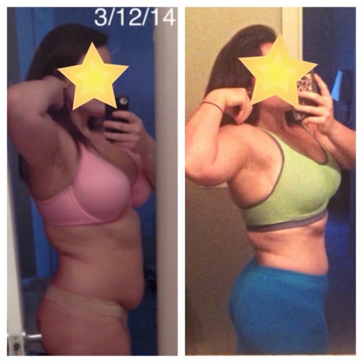 A progress pic of a 5'5" woman showing a fat loss from 220 pounds to 190 pounds. A net loss of 30 pounds.