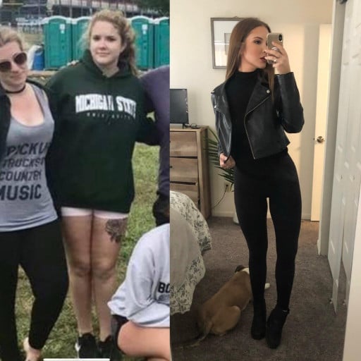 A photo of a 5'8" woman showing a weight cut from 189 pounds to 150 pounds. A net loss of 39 pounds.