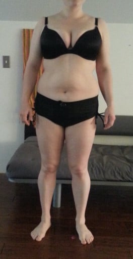 A before and after photo of a 5'4" female showing a snapshot of 166 pounds at a height of 5'4
