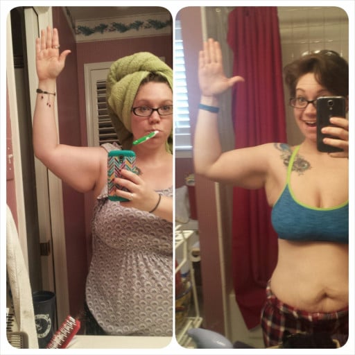 A before and after photo of a 5'3" female showing a weight cut from 239 pounds to 163 pounds. A net loss of 76 pounds.