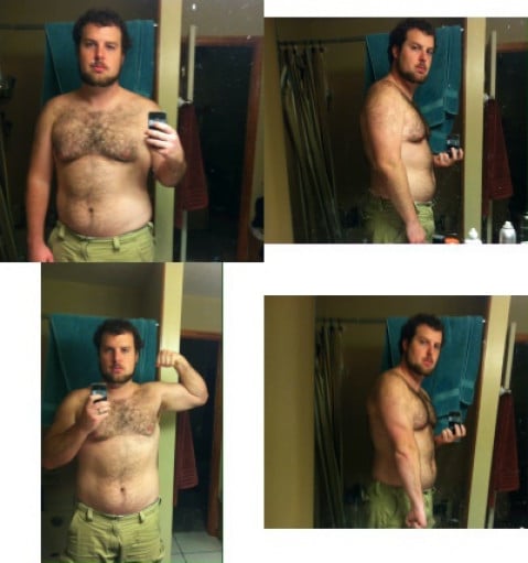 A before and after photo of a 6'1" male showing a fat loss from 265 pounds to 185 pounds. A net loss of 80 pounds.