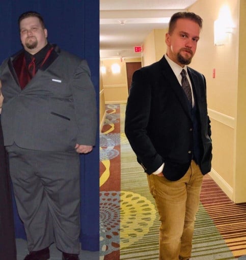 A picture of a 6'10" male showing a weight loss from 470 pounds to 220 pounds. A total loss of 250 pounds.