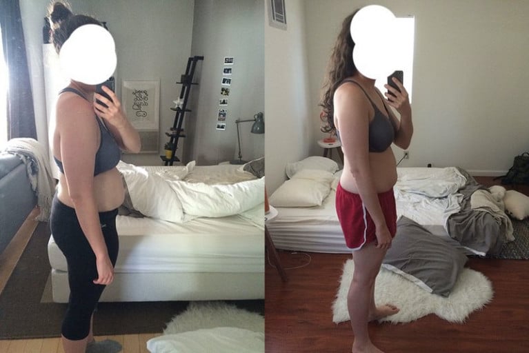 A picture of a 5'4" female showing a weight gain from 130 pounds to 135 pounds. A total gain of 5 pounds.
