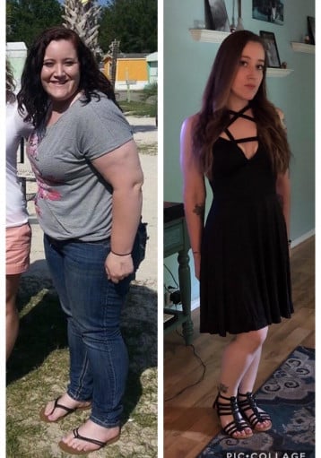 5 foot 4 Female Before and After 108 lbs Fat Loss 253 lbs to 145 lbs