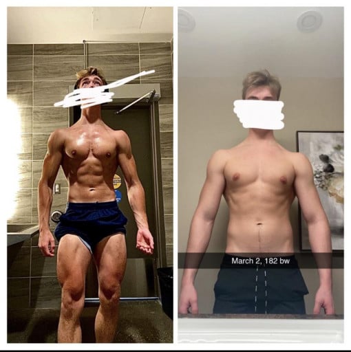 A before and after photo of a 6'2" male showing a weight reduction from 182 pounds to 174 pounds. A respectable loss of 8 pounds.