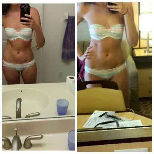 A before and after photo of a 5'7" female showing a weight reduction from 137 pounds to 132 pounds. A net loss of 5 pounds.