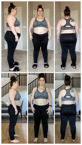 A photo of a 5'0" woman showing a weight cut from 237 pounds to 181 pounds. A net loss of 56 pounds.