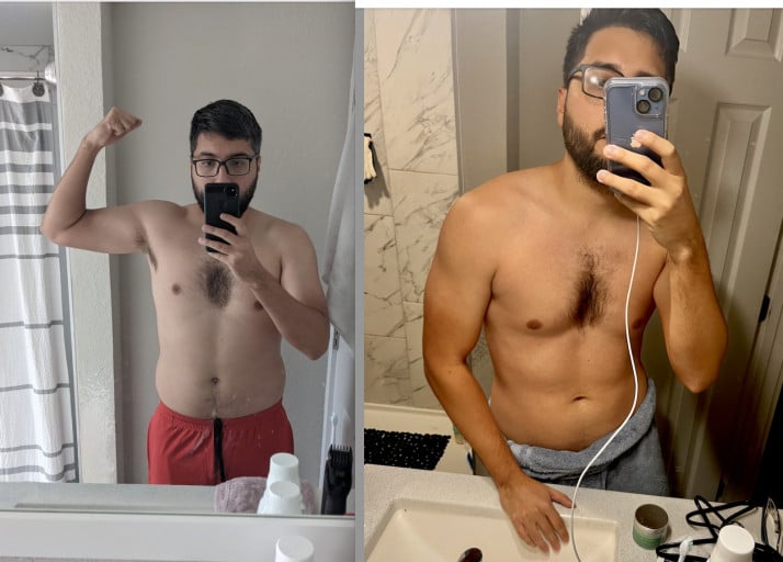 A progress pic of a 5'10" man showing a fat loss from 190 pounds to 165 pounds. A respectable loss of 25 pounds.