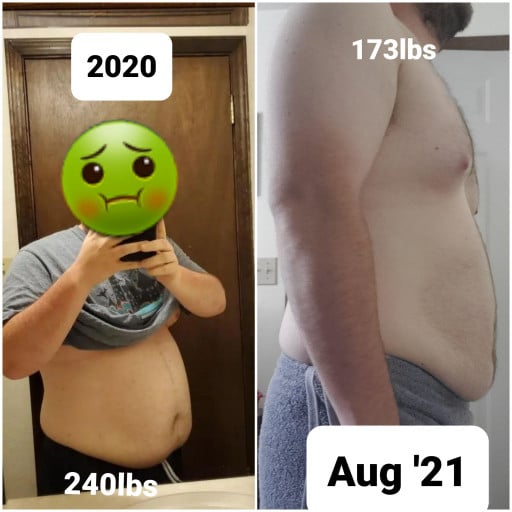 A before and after photo of a 5'4" male showing a weight reduction from 240 pounds to 173 pounds. A respectable loss of 67 pounds.