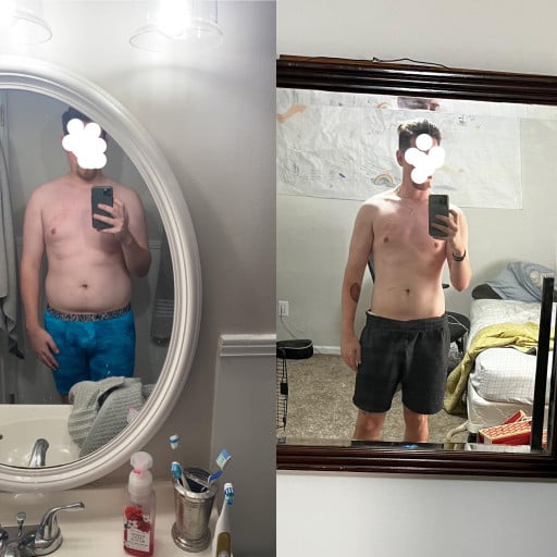 A photo of a 6'0" man showing a weight cut from 225 pounds to 175 pounds. A net loss of 50 pounds.