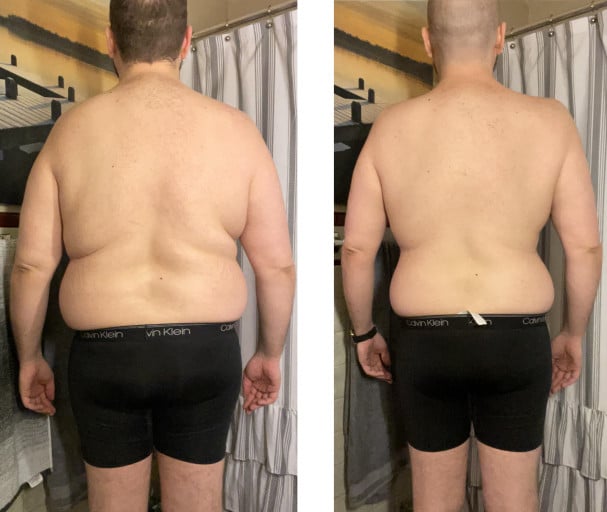 A before and after photo of a 6'2" male showing a weight reduction from 303 pounds to 253 pounds. A net loss of 50 pounds.
