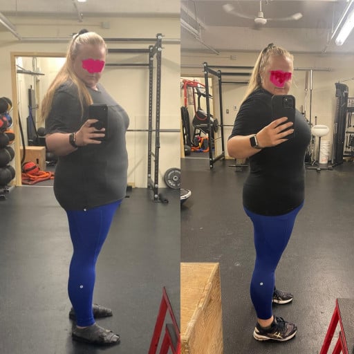 A progress pic of a 5'5" woman showing a fat loss from 297 pounds to 239 pounds. A total loss of 58 pounds.