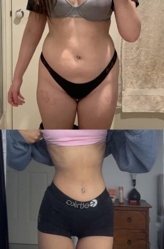 A picture of a 5'6" female showing a weight loss from 143 pounds to 108 pounds. A respectable loss of 35 pounds.