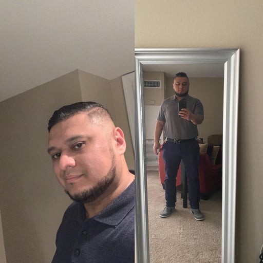A picture of a 5'7" male showing a weight loss from 253 pounds to 213 pounds. A respectable loss of 40 pounds.