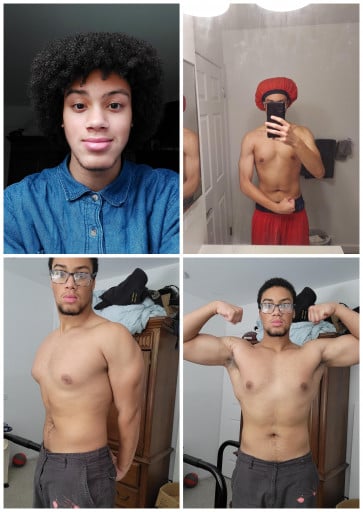 A progress pic of a 6'0" man showing a weight gain from 165 pounds to 207 pounds. A total gain of 42 pounds.
