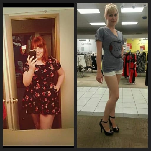 A before and after photo of a 5'9" female showing a weight reduction from 222 pounds to 147 pounds. A net loss of 75 pounds.