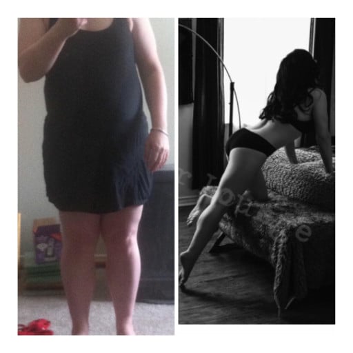 A picture of a 5'0" female showing a weight loss from 187 pounds to 123 pounds. A total loss of 64 pounds.