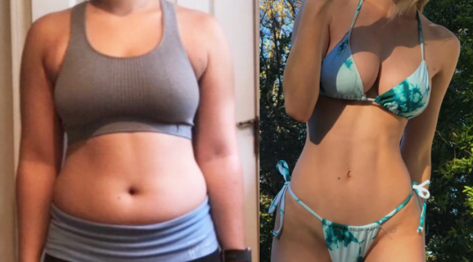 A progress pic of a 5'4" woman showing a fat loss from 152 pounds to 117 pounds. A net loss of 35 pounds.