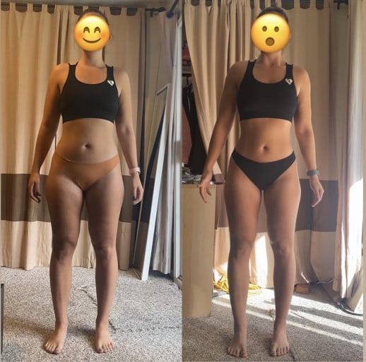 A progress pic of a 5'4" woman showing a fat loss from 150 pounds to 148 pounds. A net loss of 2 pounds.