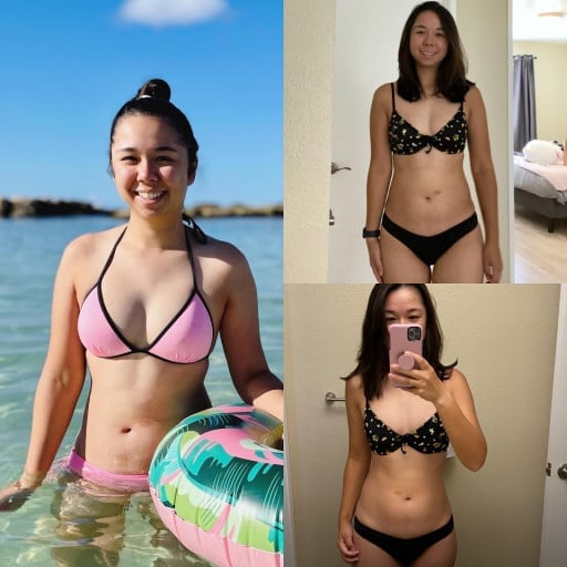 A picture of a 5'5" female showing a weight loss from 143 pounds to 126 pounds. A total loss of 17 pounds.