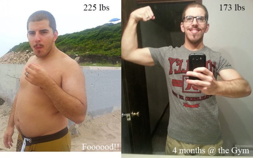 A picture of a 5'10" male showing a weight loss from 225 pounds to 173 pounds. A net loss of 52 pounds.