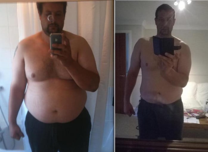 A picture of a 6'4" male showing a weight loss from 366 pounds to 277 pounds. A total loss of 89 pounds.