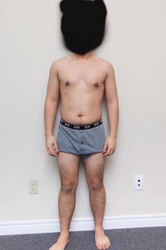 A before and after photo of a 5'4" male showing a snapshot of 141 pounds at a height of 5'4