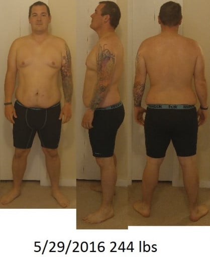 A picture of a 6'0" male showing a fat loss from 295 pounds to 244 pounds. A respectable loss of 51 pounds.