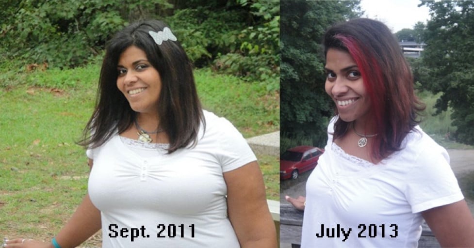 A photo of a 5'9" woman showing a weight reduction from 252 pounds to 160 pounds. A net loss of 92 pounds.