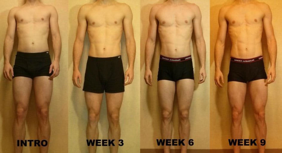 A photo of a 6'1" man showing a fat loss from 176 pounds to 167 pounds. A total loss of 9 pounds.