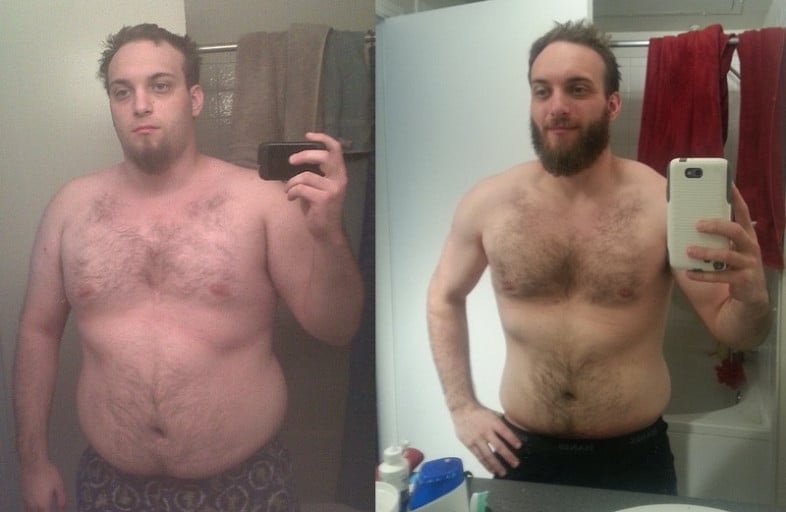 A picture of a 5'11" male showing a weight loss from 292 pounds to 202 pounds. A total loss of 90 pounds.