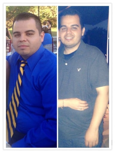 A progress pic of a 5'8" man showing a fat loss from 235 pounds to 218 pounds. A total loss of 17 pounds.