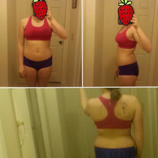 A photo of a 5'8" woman showing a weight loss from 168 pounds to 153 pounds. A respectable loss of 15 pounds.