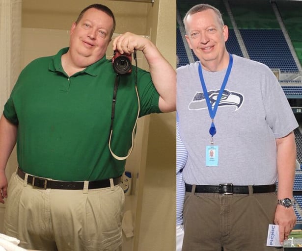 A picture of a 5'11" male showing a weight loss from 420 pounds to 260 pounds. A net loss of 160 pounds.
