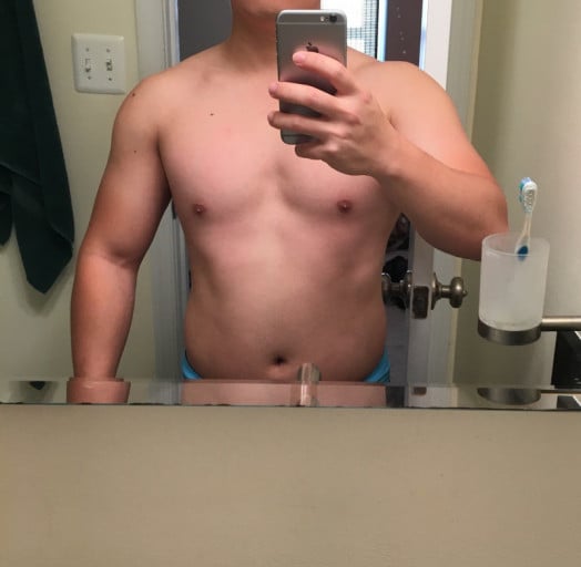 A progress pic of a 5'3" man showing a weight gain from 145 pounds to 148 pounds. A respectable gain of 3 pounds.