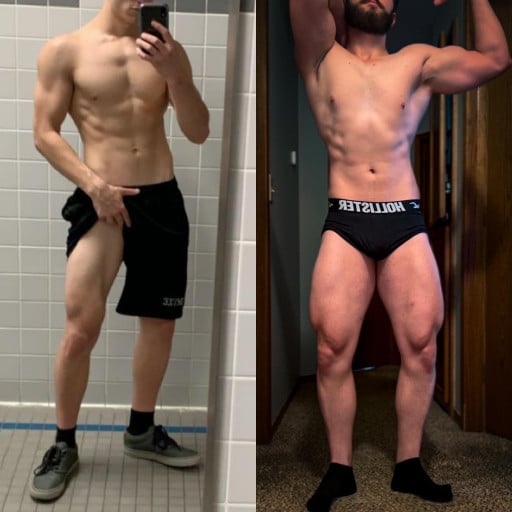 A before and after photo of a 5'10" male showing a weight gain from 155 pounds to 177 pounds. A total gain of 22 pounds.